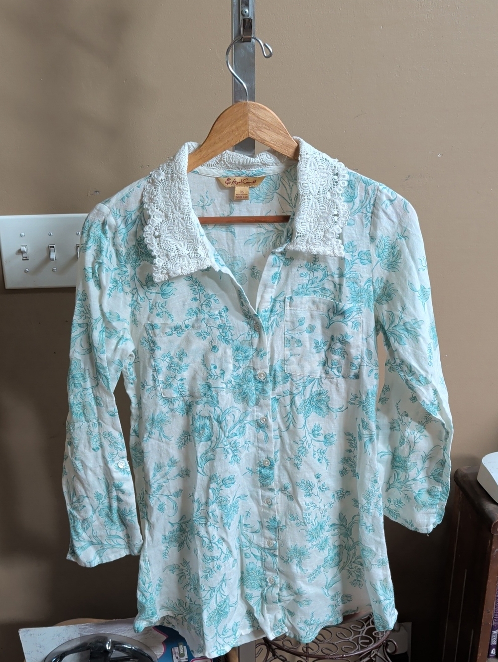 April Cornell White Blouse with Aqua Floral Accents